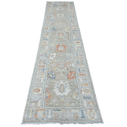 2'8"X11'8" Gray Angora Oushak Leaf Design Hand Knotted Wool Runner Rug