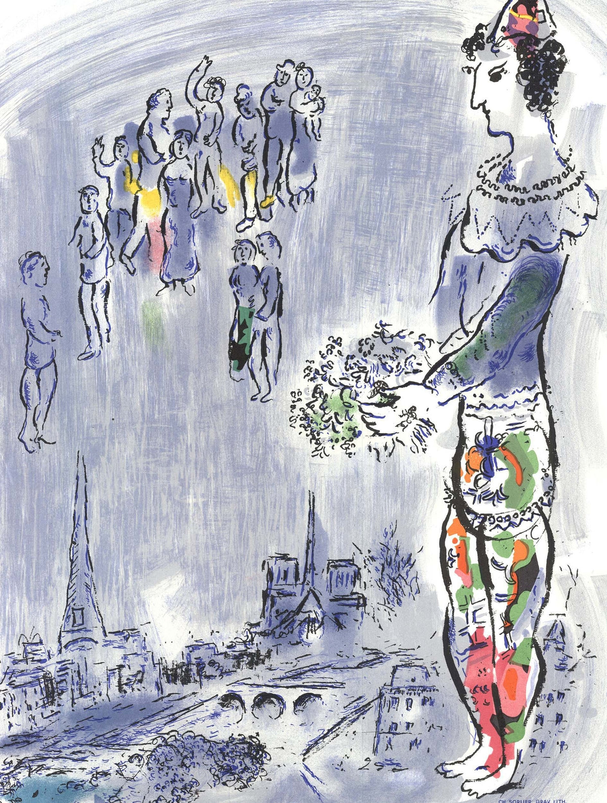 MARC CHAGALL The Magician Of Paris 28" x 20" Lithograph 1970 Modernism Blue Gra