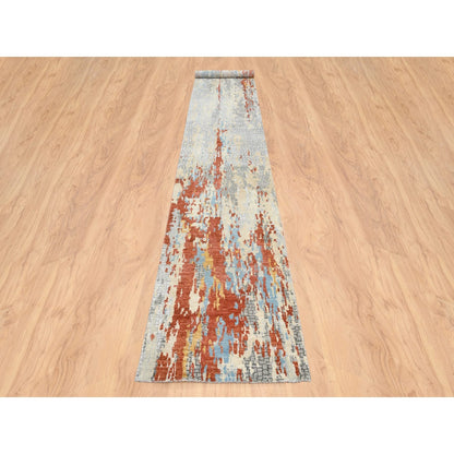 2'6"X17'8" Cream Hand Knotted Abstract Design Wool And Silk Xl Runner Rug