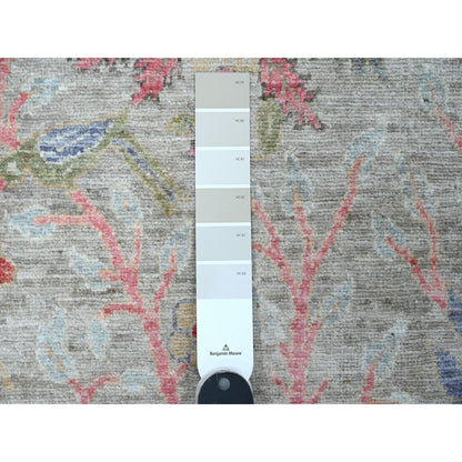 3'X19'5" Gray Afghan Peshawar Birds Design Hand Knotted Wool Runner Rug