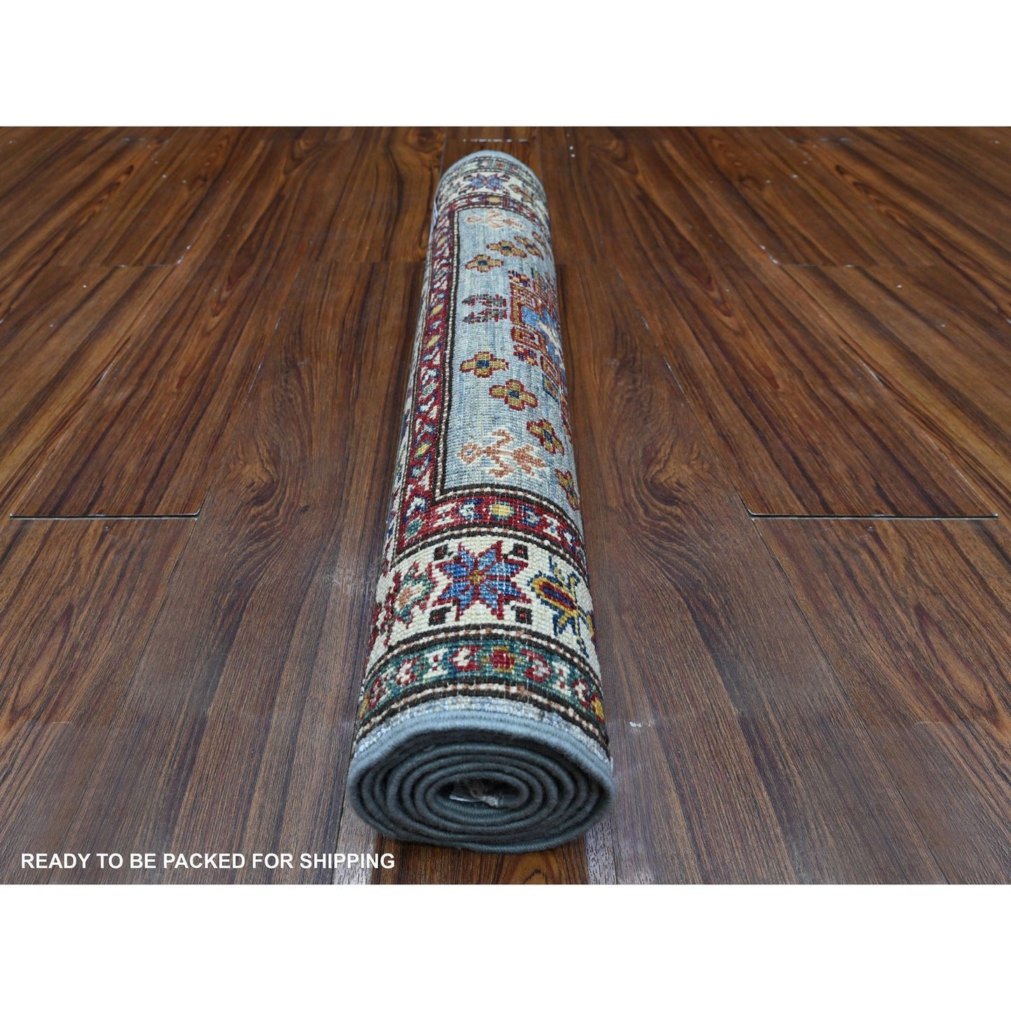 2'6"X6'2" Glaucous Gray Hand Knotted Super Kazak Motifs Wool Runner Rug