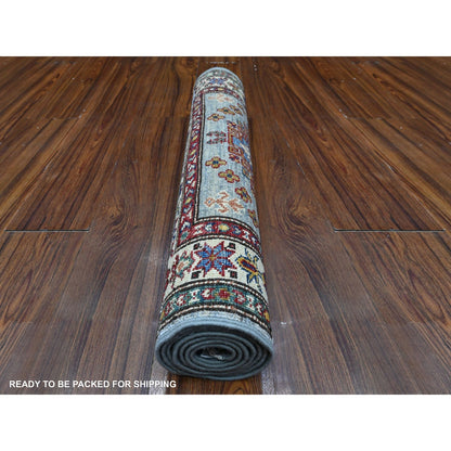 2'6"X6'2" Glaucous Gray Hand Knotted Super Kazak Motifs Wool Runner Rug