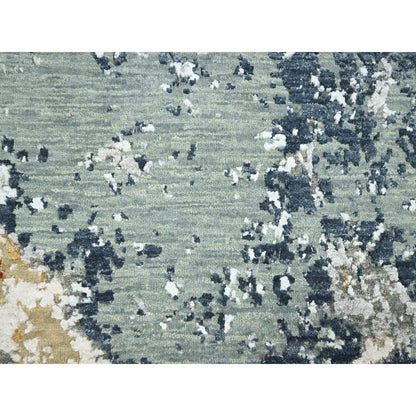 6'X9'3" Blue With Beige Abstract Galaxy Design Pure Wool Hand Knotted Rug