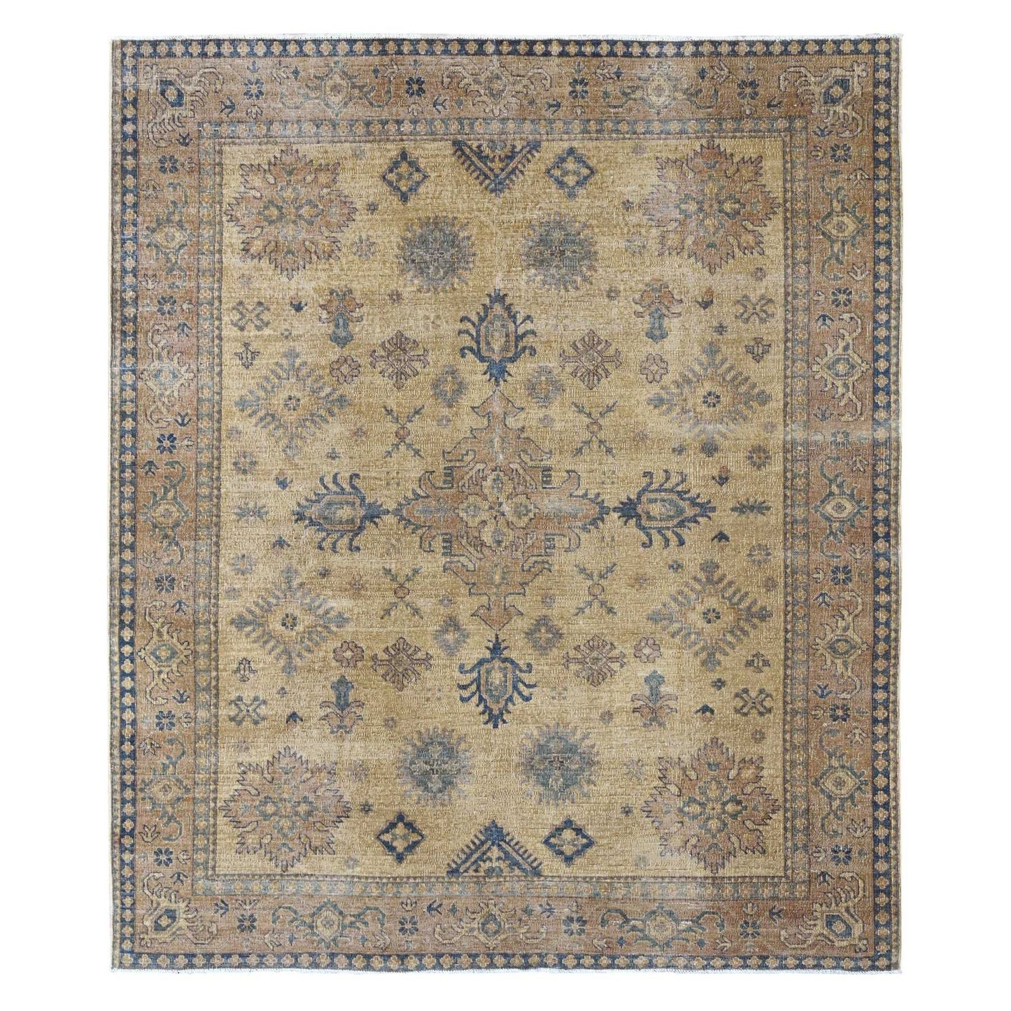 8'X9'1" Brown Overdyed Kazak Geometric Hand Knotted All Wool Squarish Rug