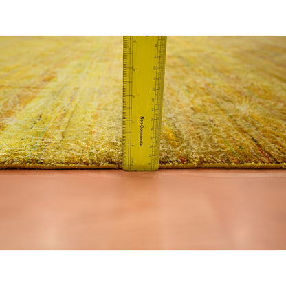 8'X9'3" Golden Brown With Green Modern Design Sari Silk Hand Knotted Rug