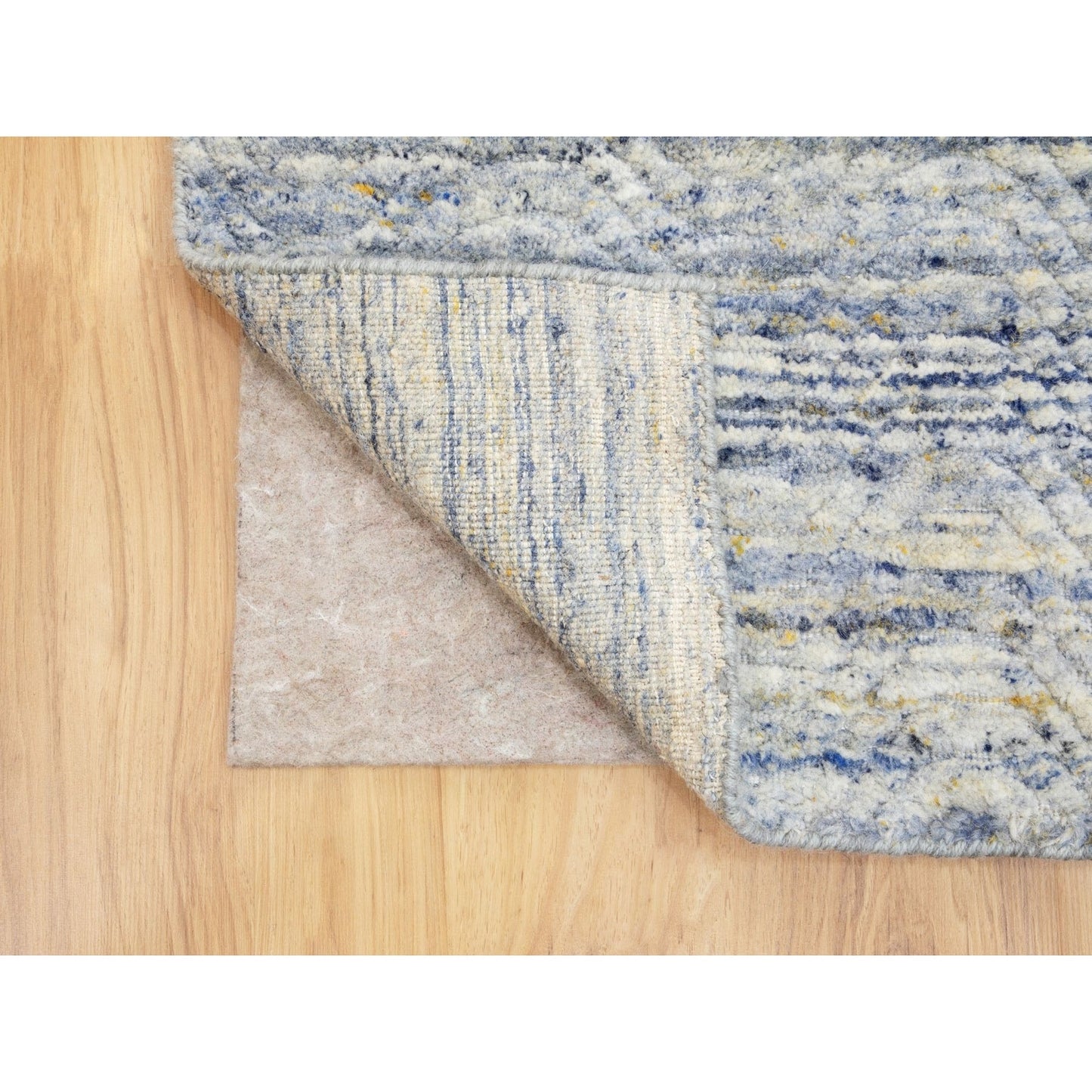 2'6"X9'9" Blue Variegated Design Hand Loomed Pure Wool Modern Runner Rug