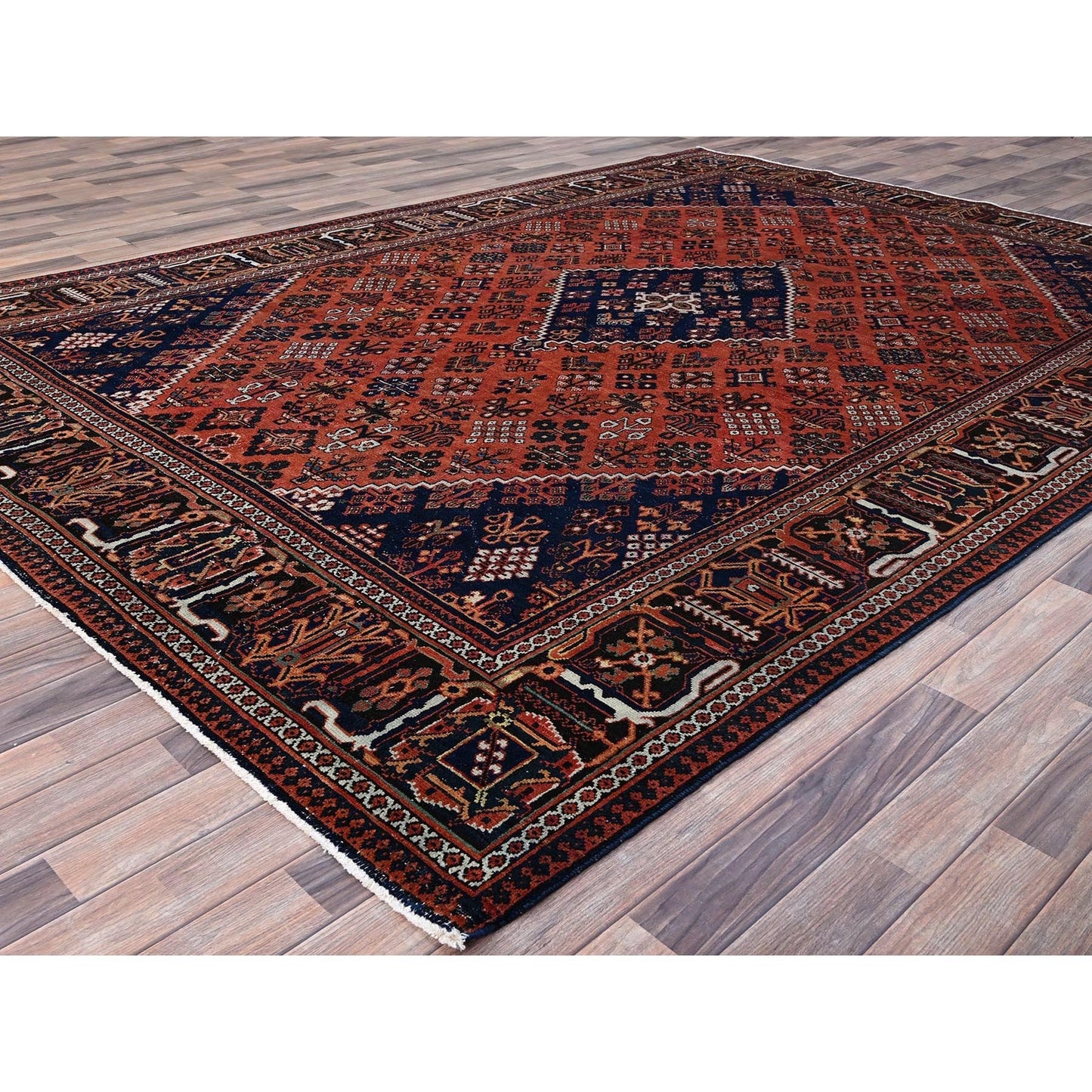 8'1"X11'3" Ochre Red Hand Knotted Vintage Pure Wool Joshagan Cleaned Rug