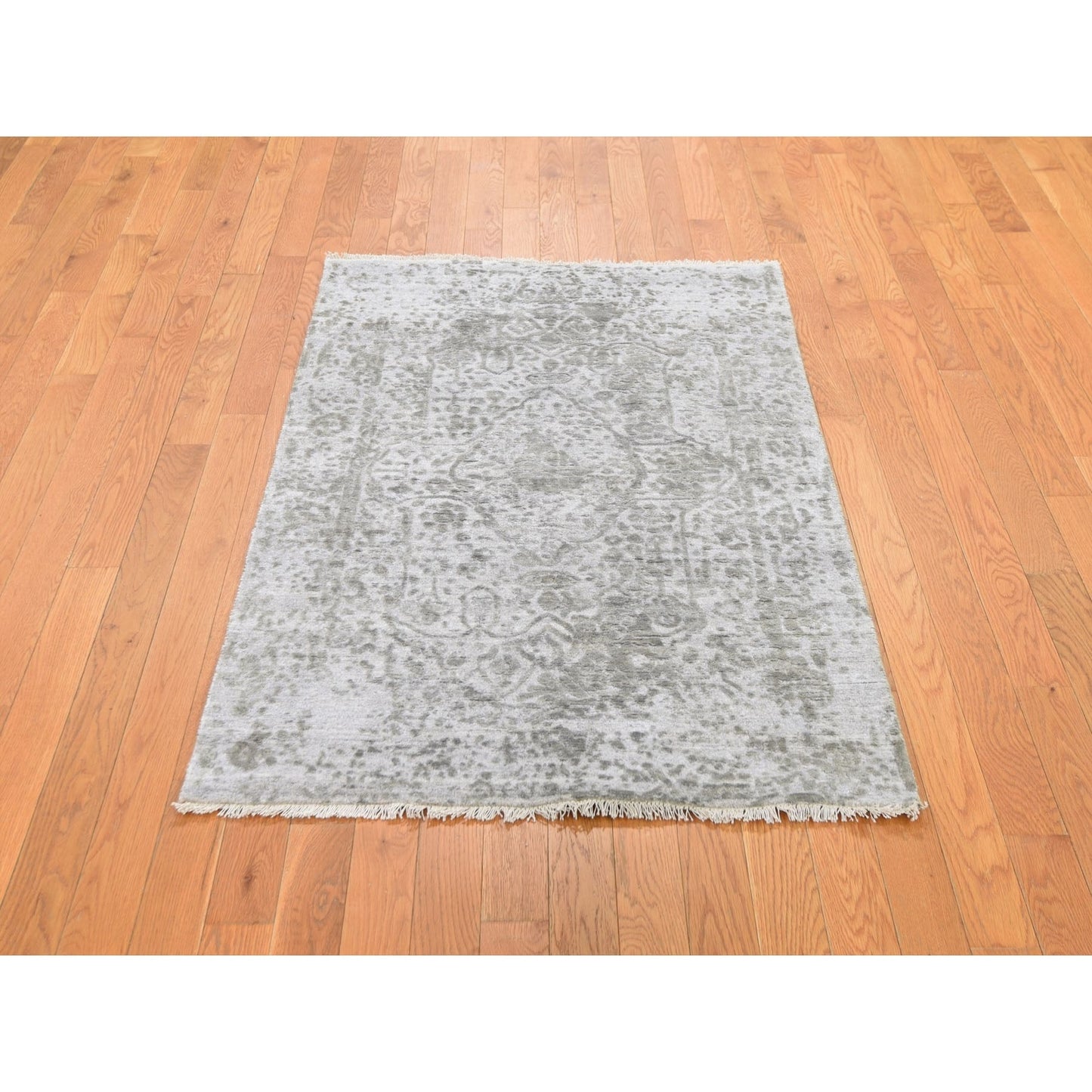 3'2"X5'1" Gray Broken Zoroastrian Design Hand Knotted Wool And Silk Rug