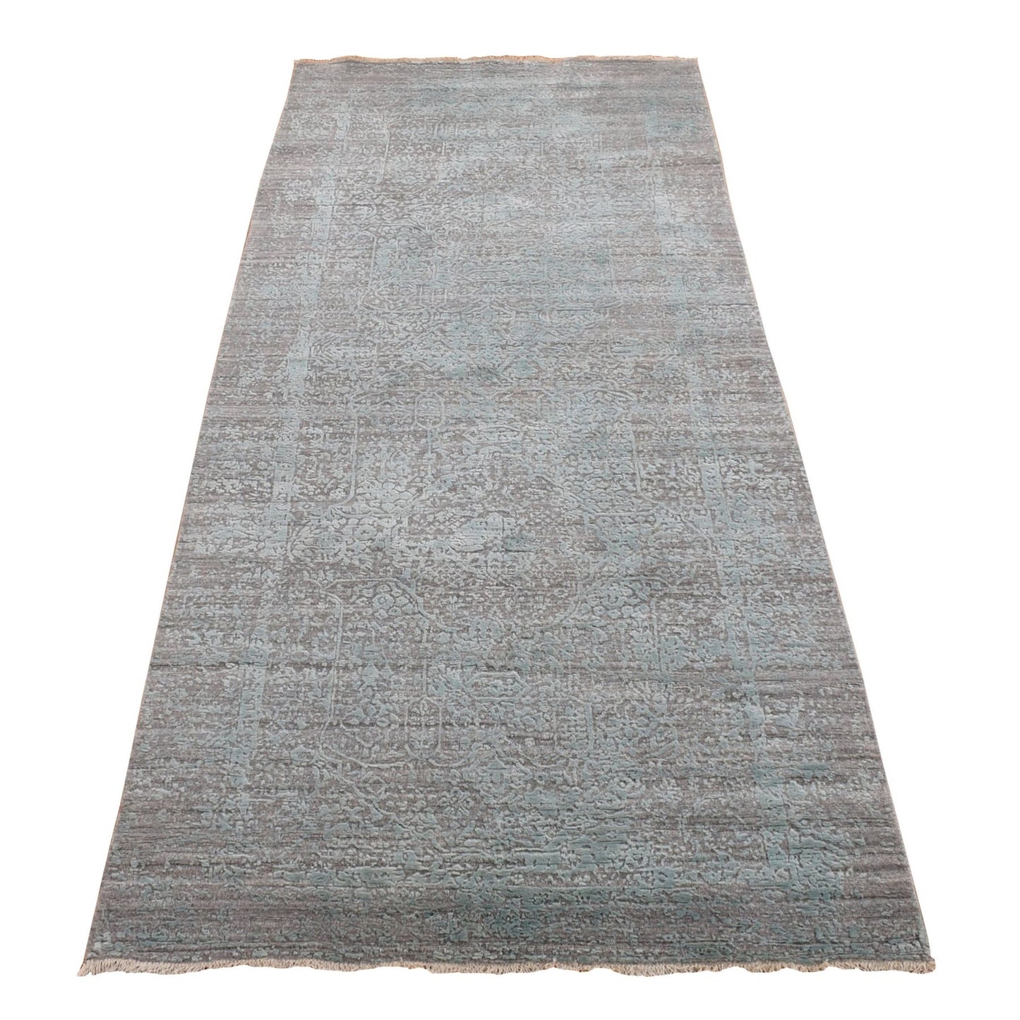 4'X9'9" Green Broken Farsian Design Wool/Silk Hand Knotted Runner Rug
