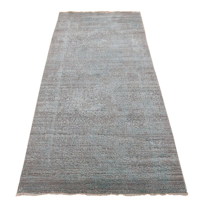 4'X9'9" Green Broken Farsian Design Wool/Silk Hand Knotted Runner Rug