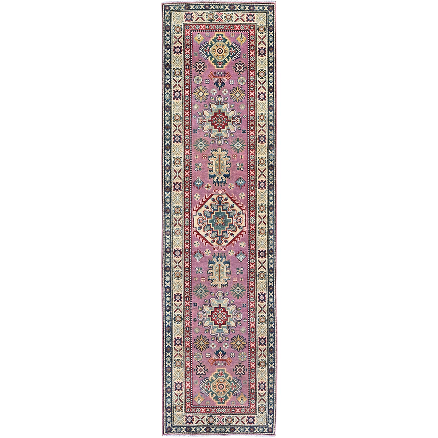 2'7"X10'1" Pink Kazak With Tribal Design Hand Knotted Soft Wool Runner Rug