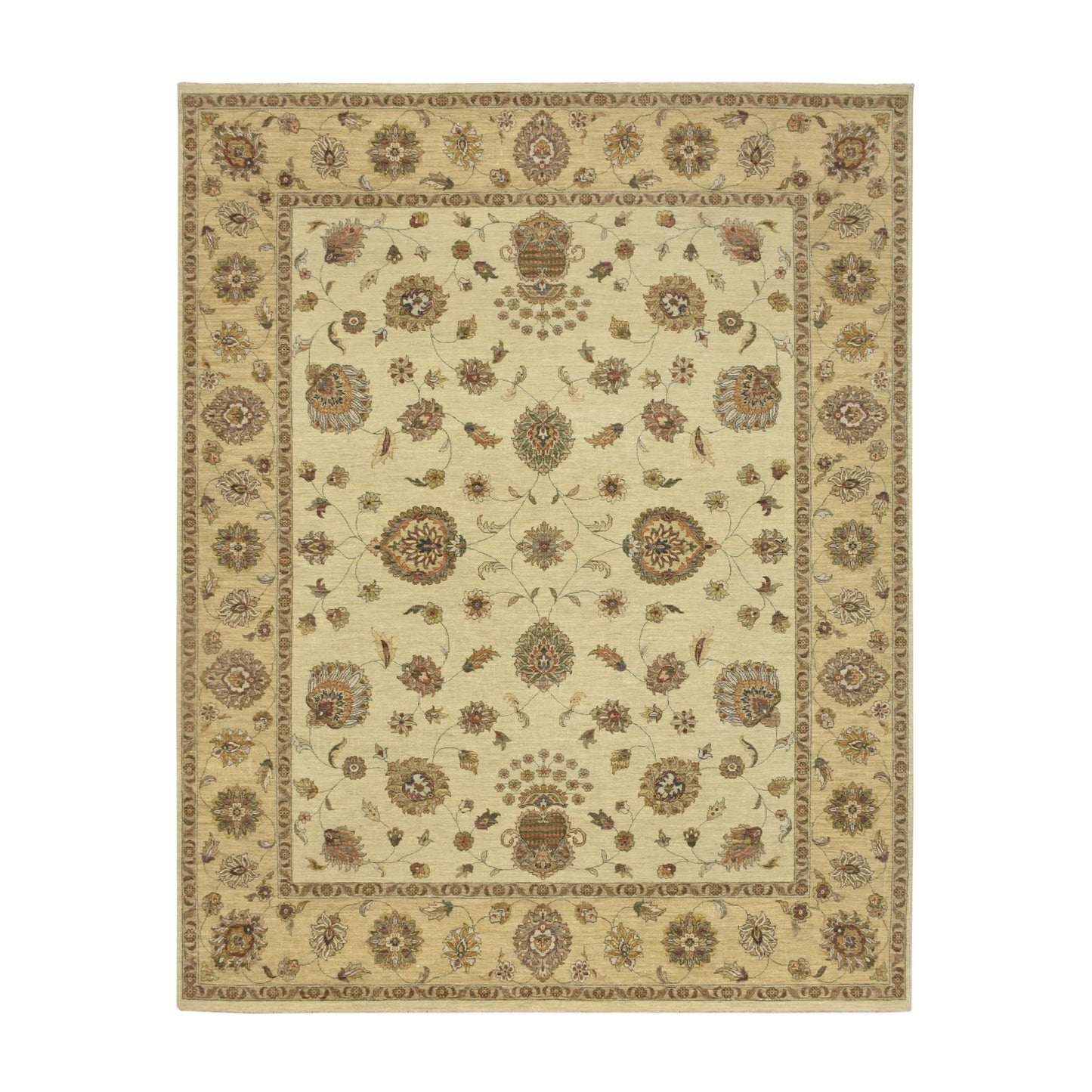 8'X10' Ivory Hand Knotted Agra Ziegler Design Leaf Pattern Pure Wool Rug