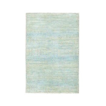 2'X3' Light Blue Wool With Silk Hand Knotted Modern Grass Design Mat Rug