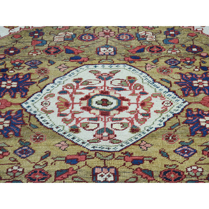 4'6"X6'4" Green Hand-Knotted Antique Heris Mint Cond Wool Oriental Rug