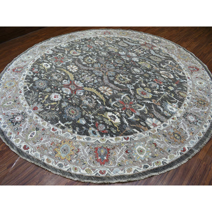 11'7"X11'7" Hand Knotted Wool Peshawar Design Gray Round Rug