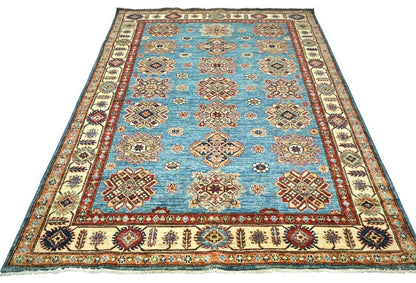 Tribal Geometric Kazak Area Rug Blue Farmho Boho