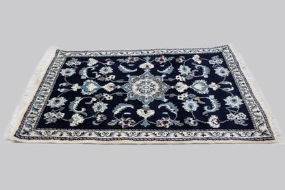 Hand-Knotted Navy Blue Classic Floral Oriental Rug Small Area Carpet 2'9X4'5 ft
