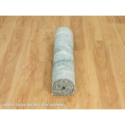 3'X5'10" Blue Hand Knotted Erased Zoroastrian Wool And Silk Runner Rug