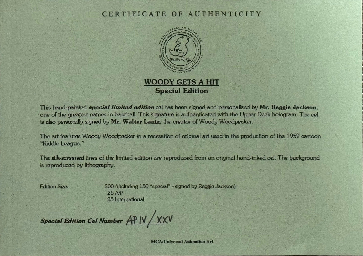 Reggie Jackson Signed "Woody Gets A Hit" Special Edition Cel Apiv / Xxv Upper De