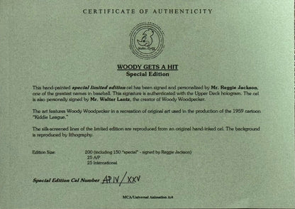 Reggie Jackson Signed "Woody Gets A Hit" Special Edition Cel Apiv / Xxv Upper De