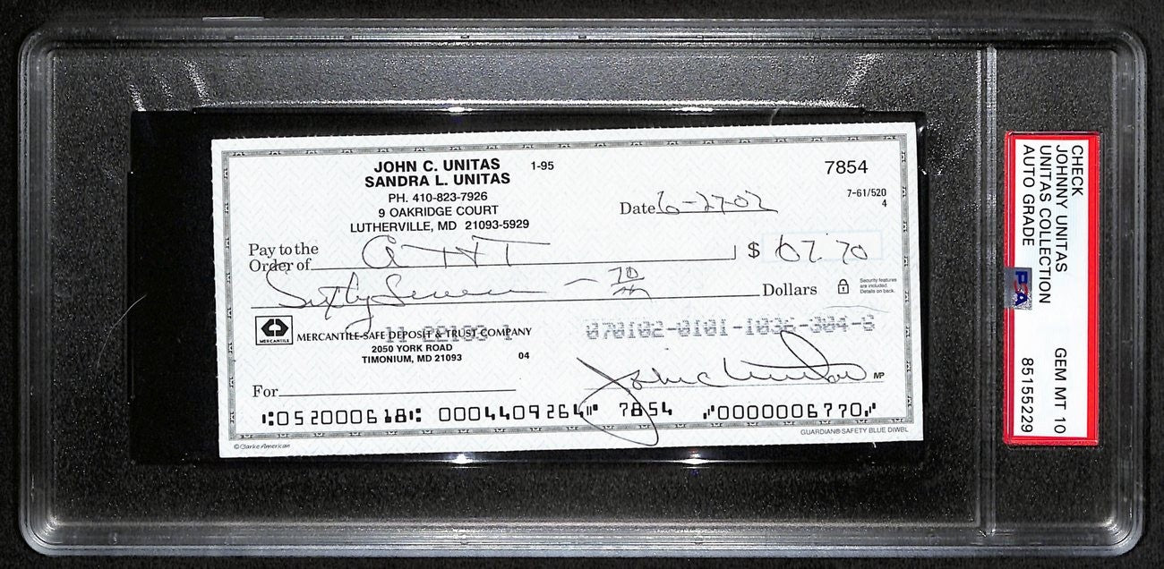 Johnny Unitas Signed 6/27/02 Check Psa/Dna Gem Mt 10 188655