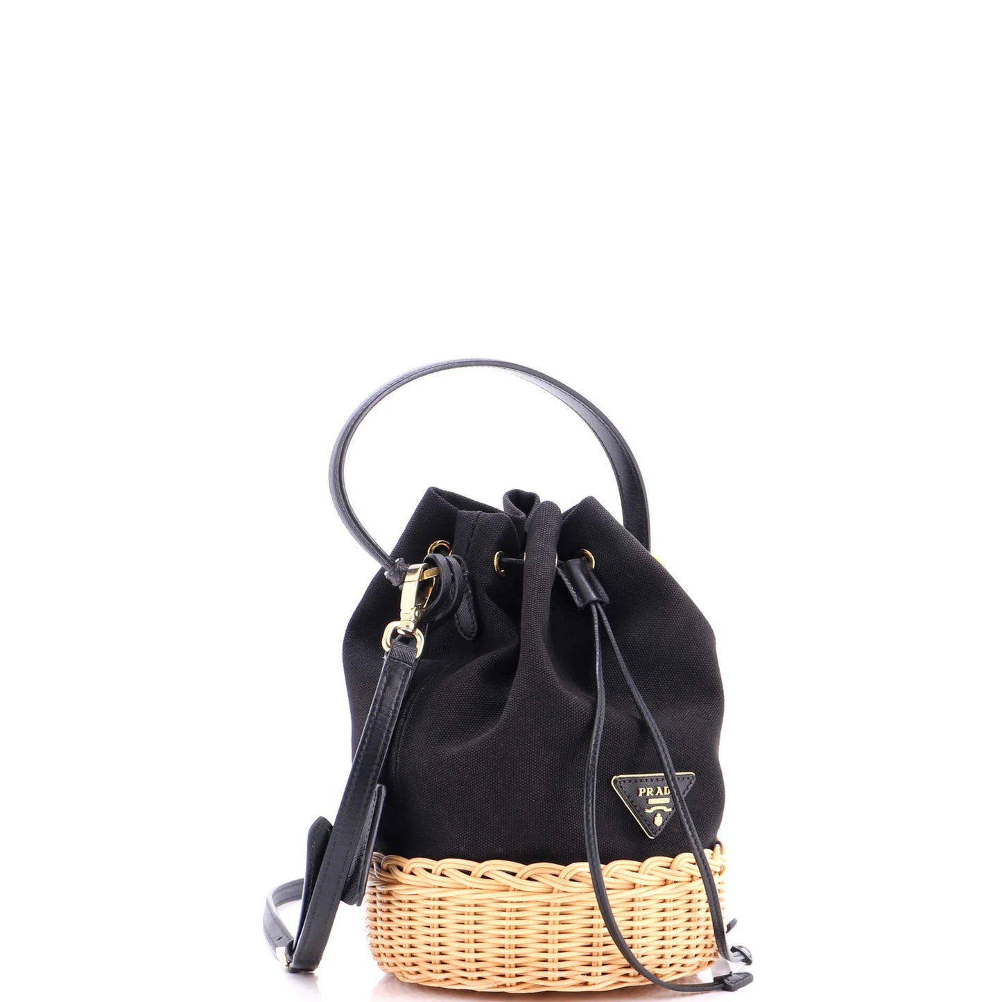 Prada Drawstring Bucket Bag Canvas And Wicker Small