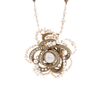 Chanel Camellia Pendant Necklace Metal With Crystals And Faux Pearls