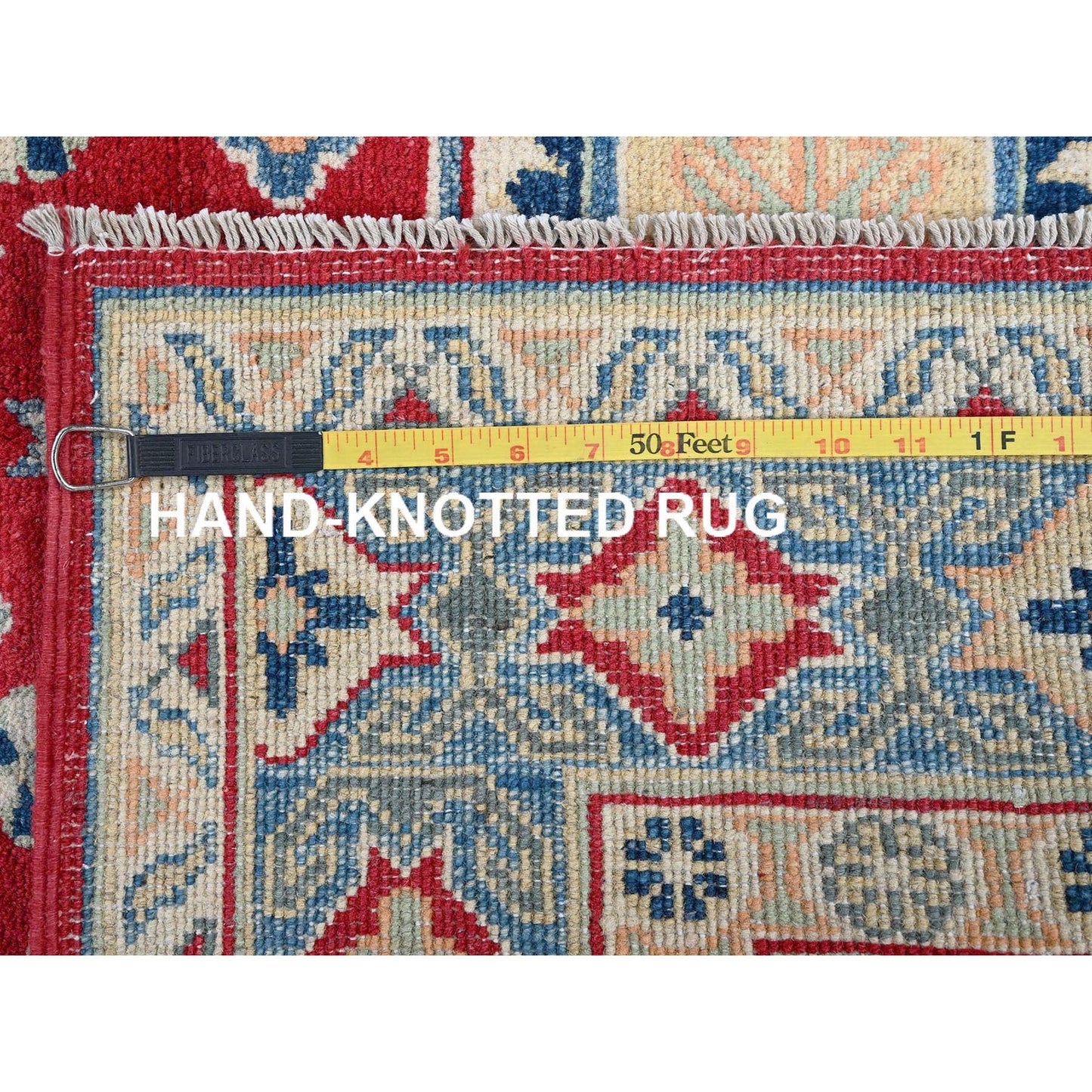 4'1"X6'1" Red Kazak Geometric Medallions Design Hand Knotted Soft Wool Rug