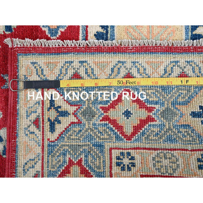 4'1"X6'1" Red Kazak Geometric Medallions Design Hand Knotted Soft Wool Rug