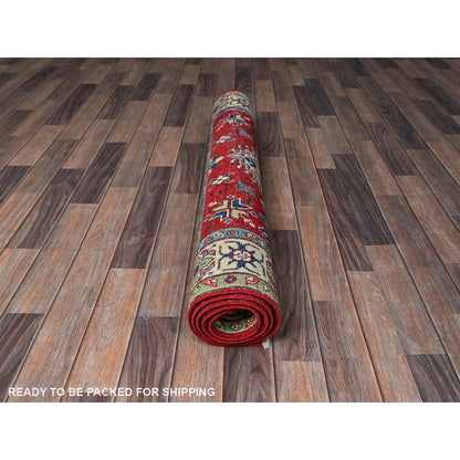 4'X6' Crimson Red Kazak With Tribal Motifs Hand Knotted Pure Wool Rug