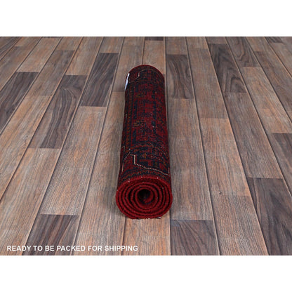 1'10"X5' Red Afghan Khamyab Geometric Pattern Hand Knotted Wool Runner Rug