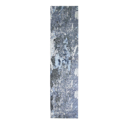 2'6"X10'2" Wool And Silk Abstract Design Gray Hand Knotted Runner Rug