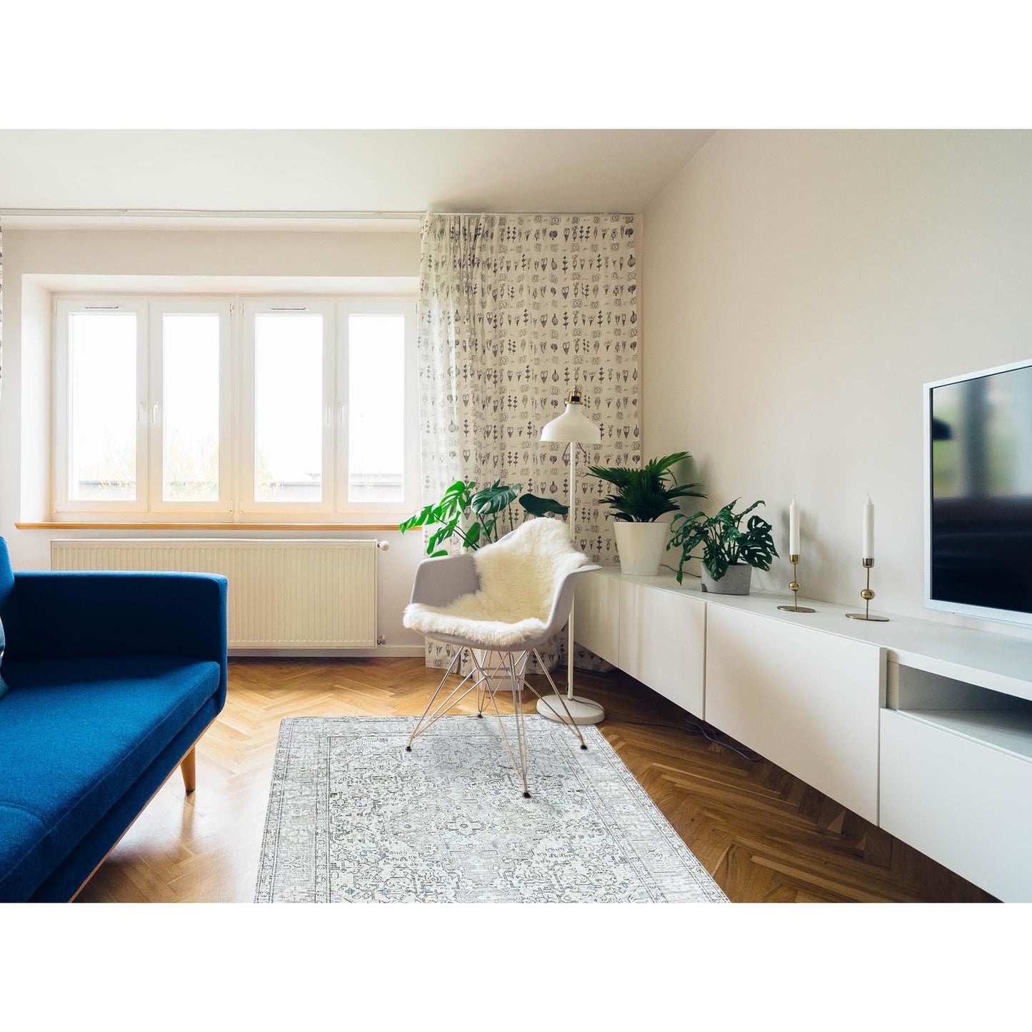 6'5"X9'1" Ivory Zoroastrian Secured Distressed Oriental Wool Rug