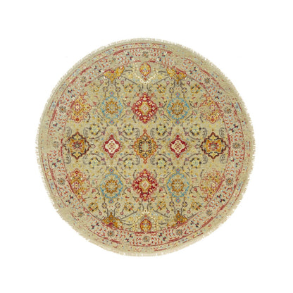 6'X6' Camel Wool And Silk Sunset Rosettes Hand Knotted Round Oriental Rug
