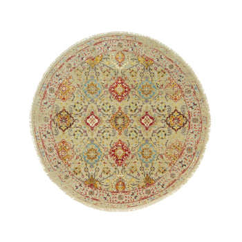 6'X6' Camel Wool And Silk Sunset Rosettes Hand Knotted Round Oriental Rug