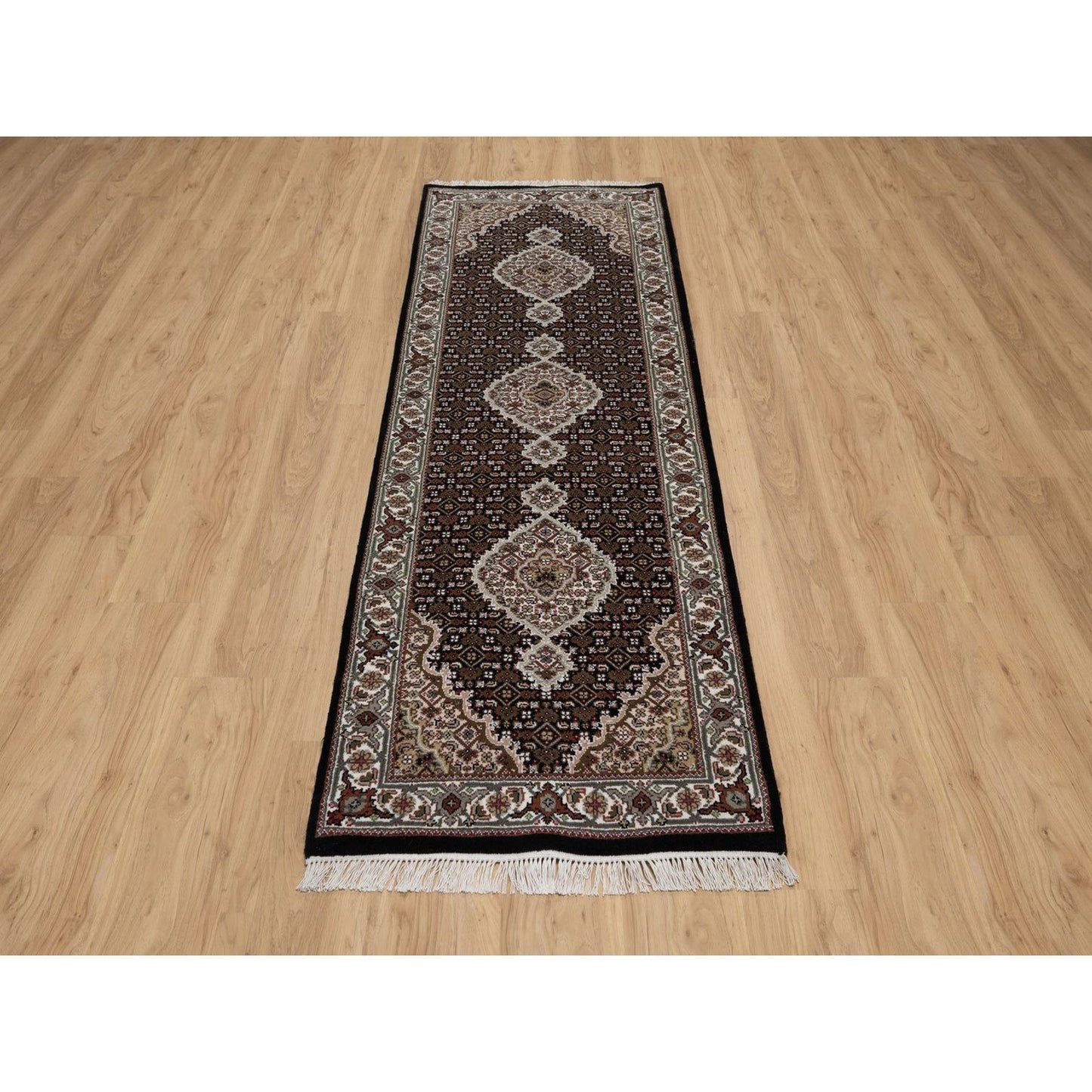 2'9"X8' Black Tebraz Mahi Medallion Design Hand Knotted Wool Runner Rug