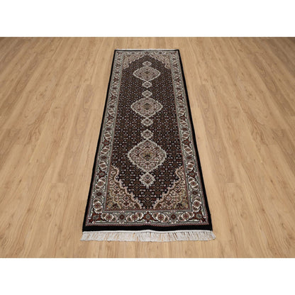2'9"X8' Black Tebraz Mahi Medallion Design Hand Knotted Wool Runner Rug