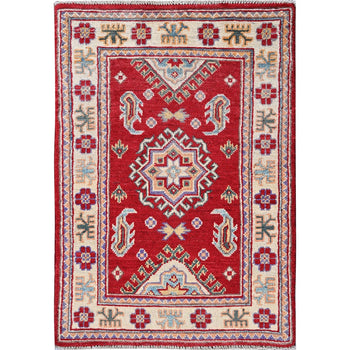 2'X3' Red Kazak Geometric Medallion Design Soft Wool Hand Knotted Mat Rug