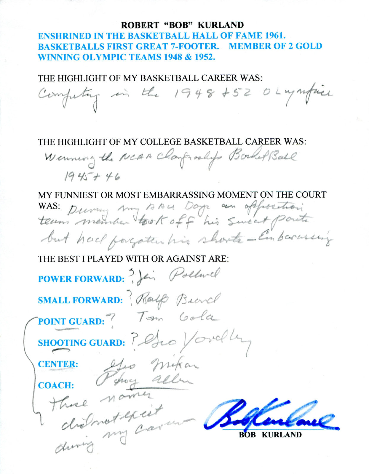 Bob Kurkland Autographed Hand Filled Out Survey Page (Jsa)
