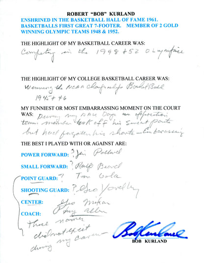 Bob Kurkland Autographed Hand Filled Out Survey Page (Jsa)