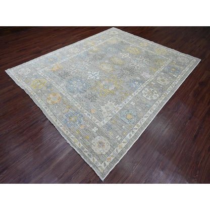 8'X9'7" Gray Afghan Angora Oushak Leaf Pattern Hand Knotted Pure Wool Rug
