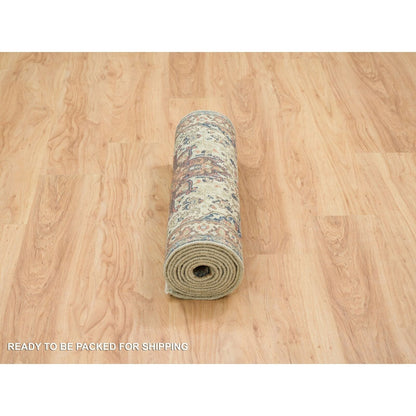 2'7"X10'3" Beige Antiqued Heriz Re-Creation Wool Hand Knotted Runner Rug