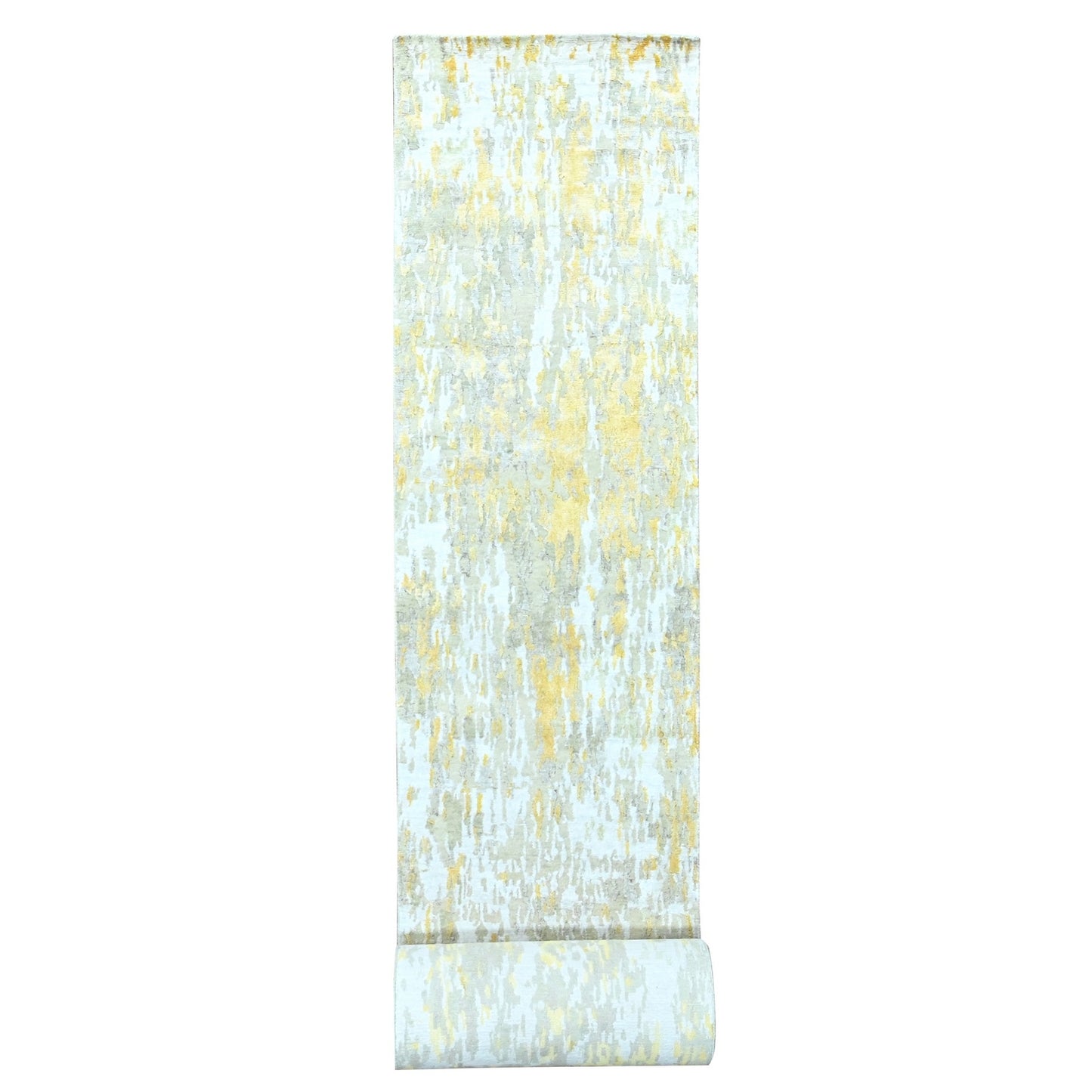 2'7'X23'6" Beige Abstract Design Wool And Silk Hand Knotted Xl Runner Rug