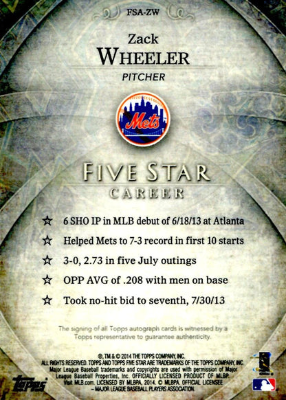 Zack Wheeler 2014 Topps Five Star Autographed Card #489/499