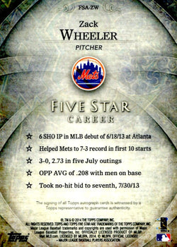 Zack Wheeler 2014 Topps Five Star Autographed Card #489/499