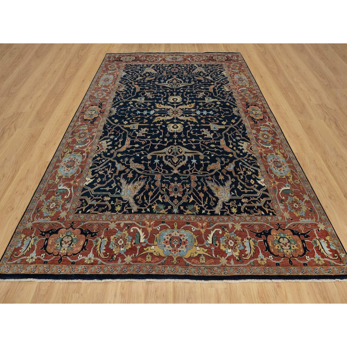 9'X12'2" Midnight Blue Antiqued Heris Re-Creation Hand Knotted Wool Rug
