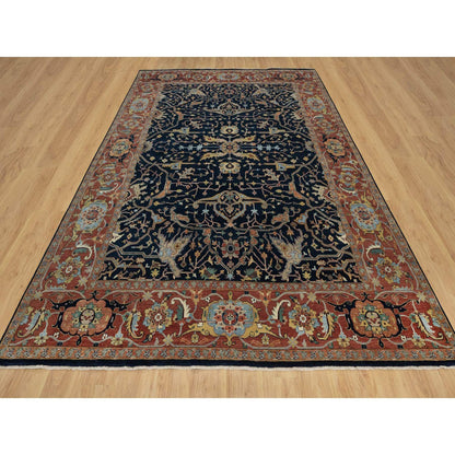9'X12'2" Midnight Blue Antiqued Heris Re-Creation Hand Knotted Wool Rug