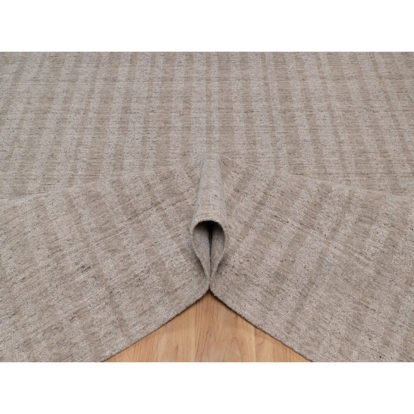 8'1"X10' Tan Brown Hand Loomed Vertical Stripes Design Natural Wool Rug