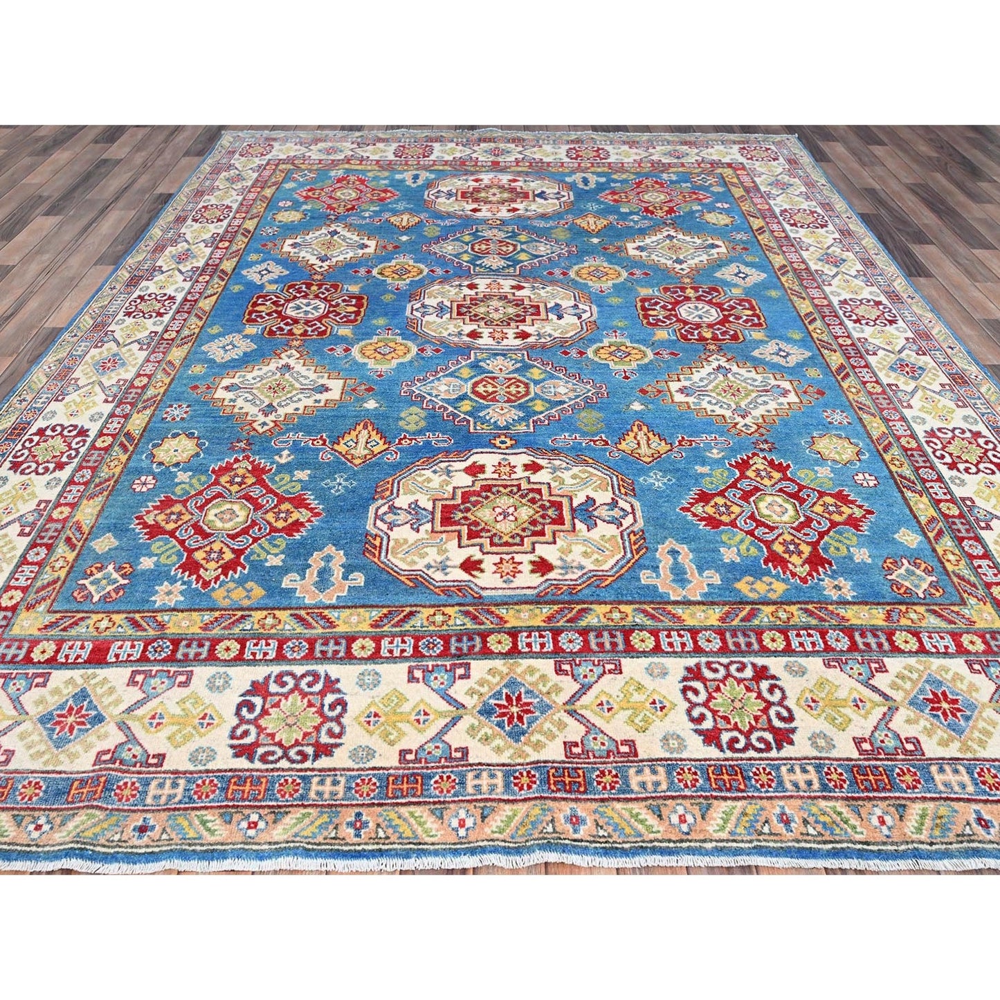 8'X10'1" Blue Soft Wool Kazak All Over Design Hand Knotted Oriental Rug