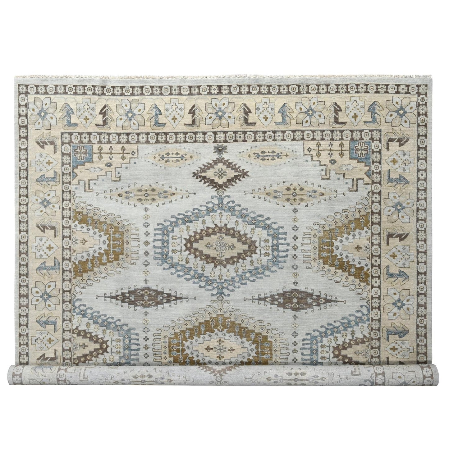 10'X10' Gray Zoroastrian Village Geometric Design Hand Knotted Square Rug
